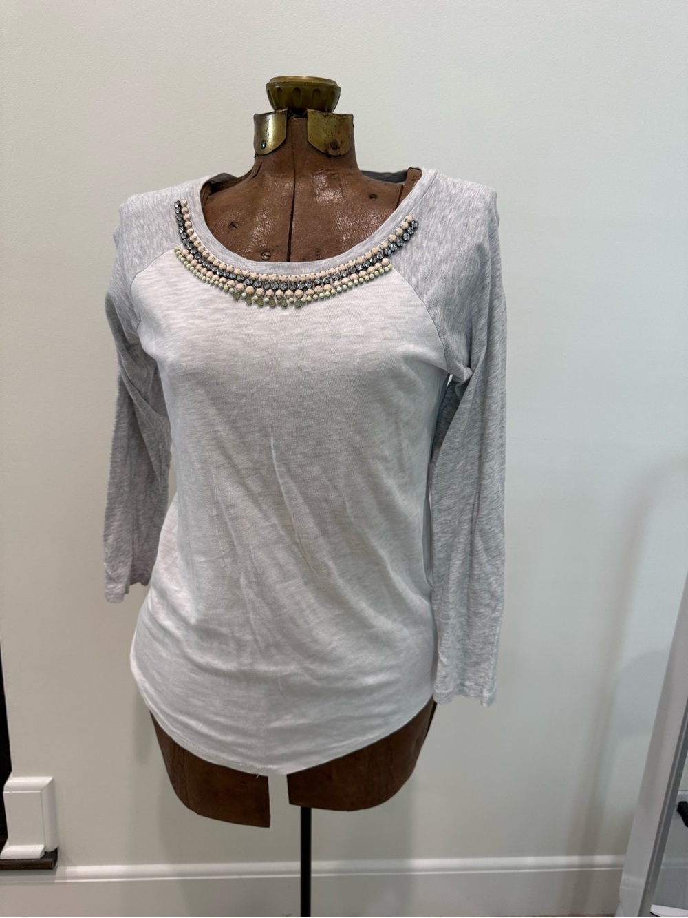 J. Crew Light Gray Raglan Long-Sleeve Top with Beaded Neckline